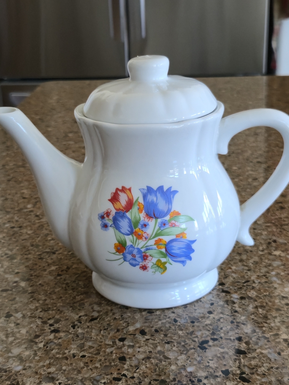 Vintage Ceramic Melon Ribbed Floral Teapot Blue Red Tulip